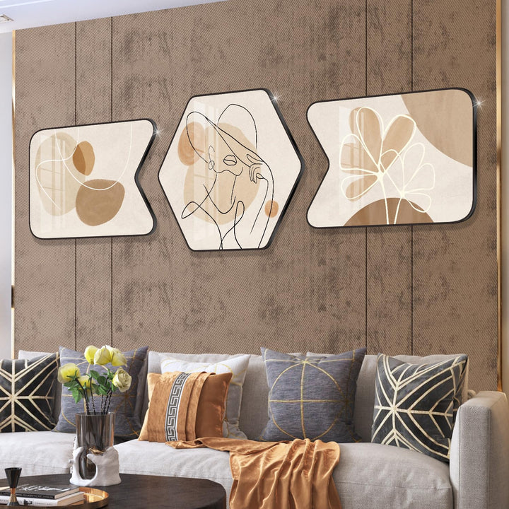 Gouwgenr Bilder mit Rahmen PVC 60x40cm Moderne Abstrakt Line Art Bilder Beige 3 Stück Kristall Bild