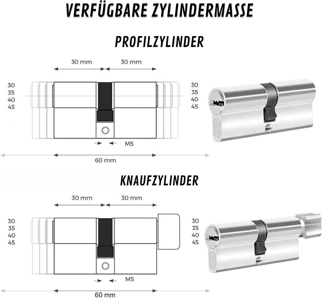 Schliesszylinder 35/35 mm, Set mit 4 gleichschliessenden Doppelzylindern, 20 Schlüssel und 8 Schraub