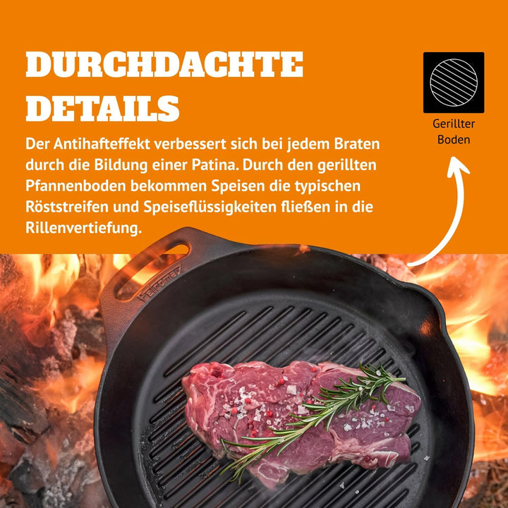 Petromax Grill-Feuerpfanne mit 2 Henkeln - Grillpfanne aus Gusseisen für alle Herdarten, Gasflamme,
