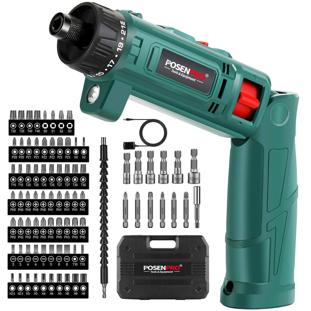 POSENPRO Elektrischer Akkuschrauber Set mit 82 Zubehörteilen, 8 Volt Lithium-Ionen-Akku, 10N·m 21+1