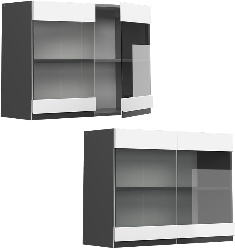 Vicco Küchenschrank Glas R-Line, Weiss/Anthrazit, 80 cm J-Shape Weiss Hängeglasschrank 80 cm, Weiss