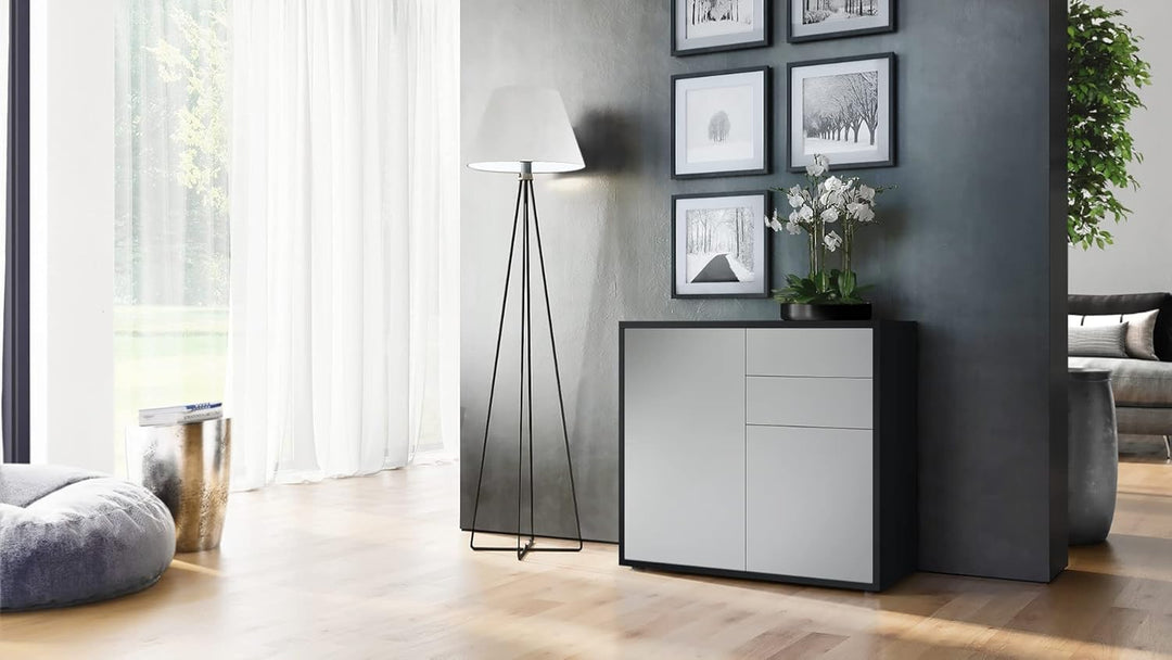 Vladon Sideboard Ben, Kommode mit 2 Türen und 2 Schubladen, Schwarz matt/Hellgrau Seidenmatt (79 x 7