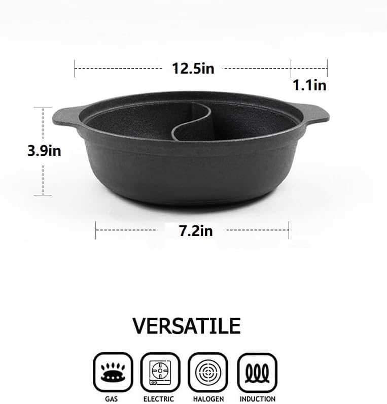 Cast iron hot pot with Divider,Dual-Sided 12.5 Inch Shabu Shabu Pot, Gas Stove, Black
