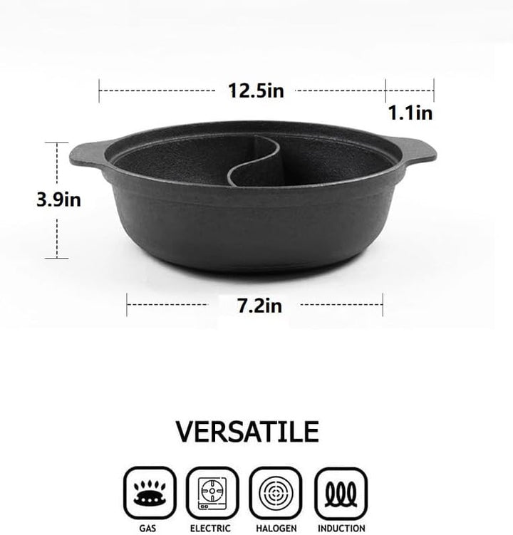 Cast iron hot pot with Divider,Dual-Sided 12.5 Inch Shabu Shabu Pot, Gas Stove, Black