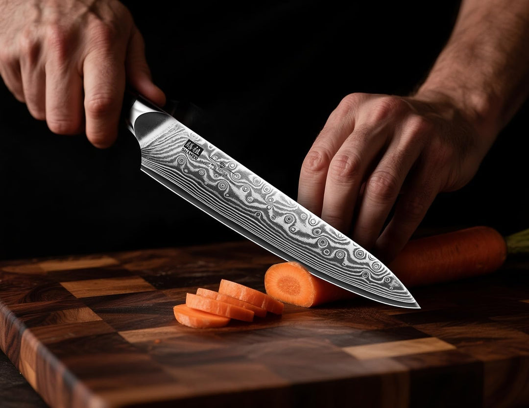 SHAN ZU Damast Allzweckmesser 15cm, Japanisches Kochmesser | Küchenmesser mit scharfer Klinge aus 67