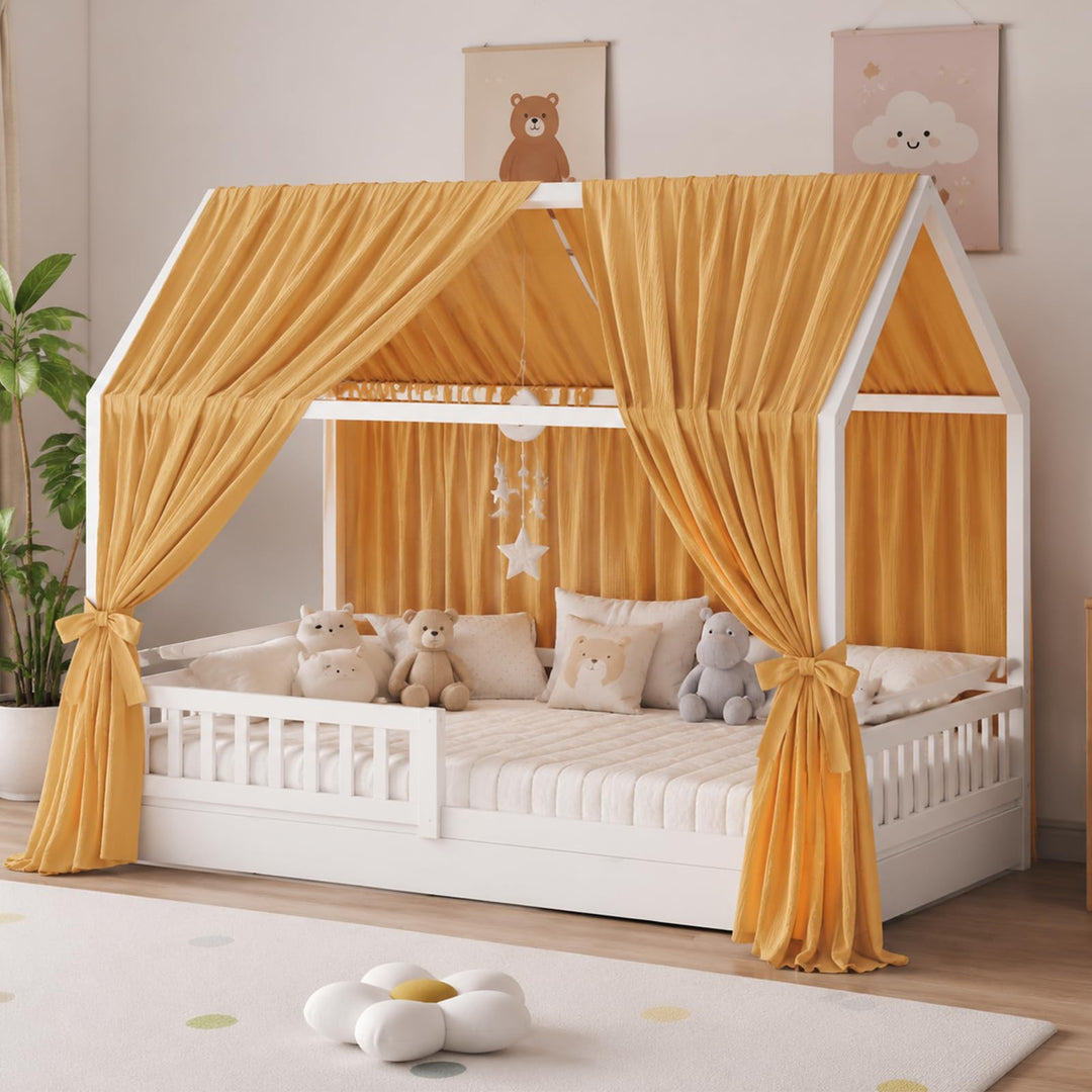 2 Stück Hausbett Himmel, Betthimmel Hausbett aus 100% Baumwolle Musselin | H270 x B67 cm Stoffhimmel