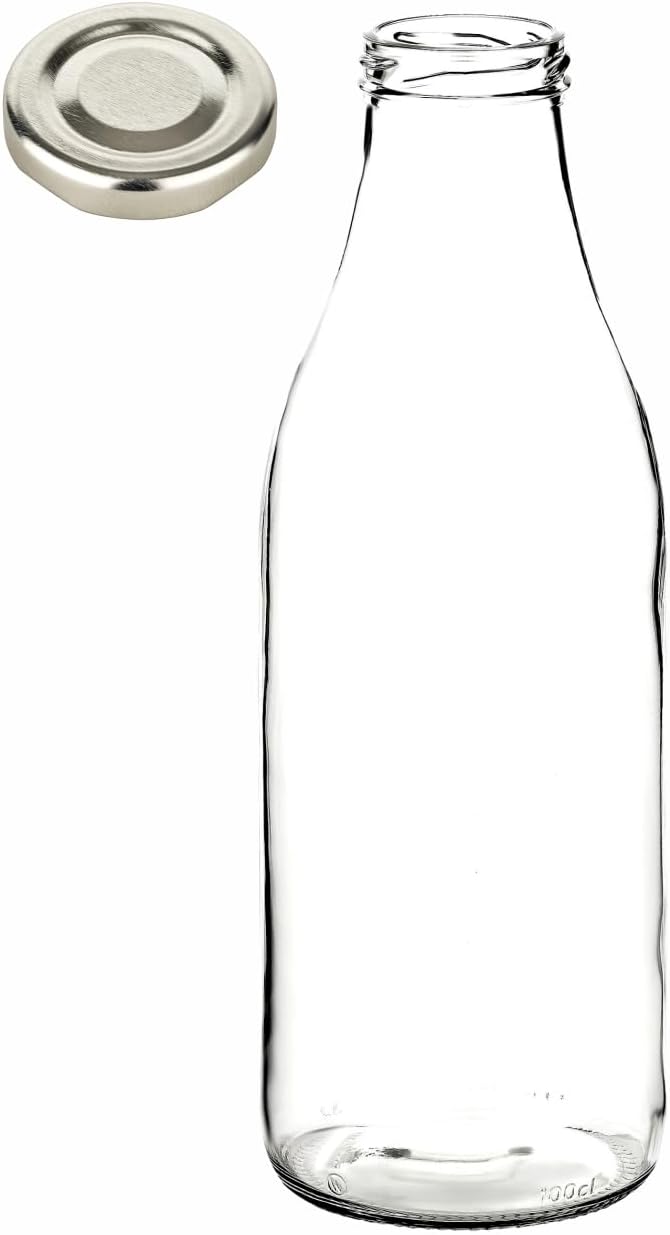 gouveo 20er Set Saftflasche 1000 ml mit Schraub-Deckel silberfarben - Grosse Glasflasche 1 Liter mit
