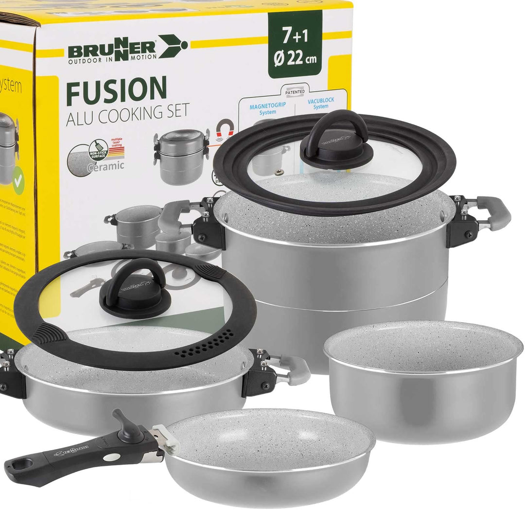 BRUNNER: Camping Topf-Set (Kochtöpfe, Bratpfanne, Deckel & Griff) FUSION 7+1-teilig (22-cm Durchmess