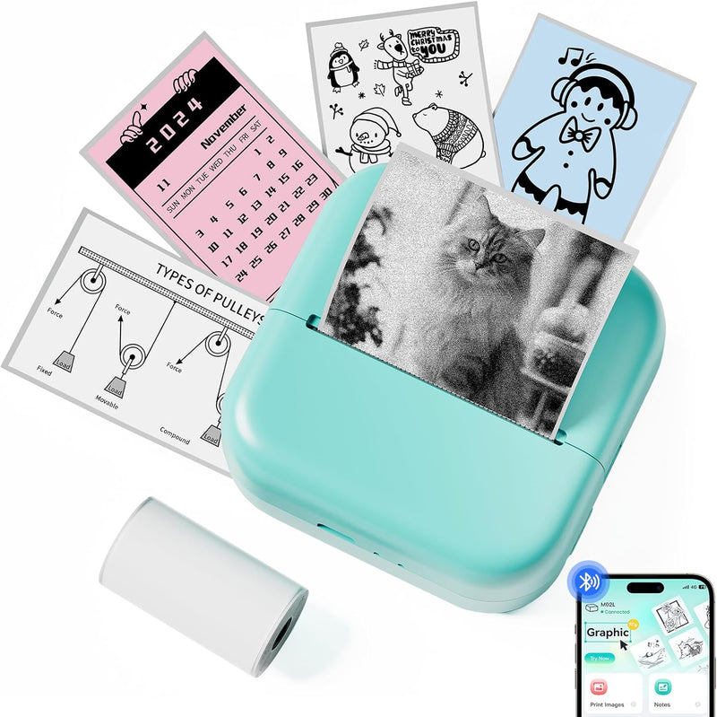 Memoking Mini Drucker für Smartphone - Tiny Printer M02L Bluetooth Minidrucker, Handy Drucker mit 1