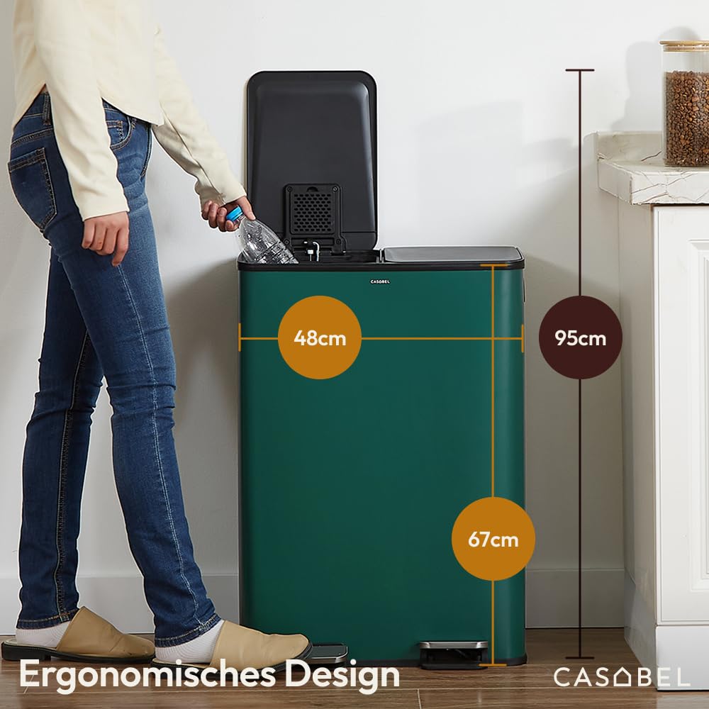 CASABEL Mülleimer Küche Mülltrennung 60L – 2x30L Doppelkammer mit Pedal, Edelstahl Dunkelgrün, Abfal
