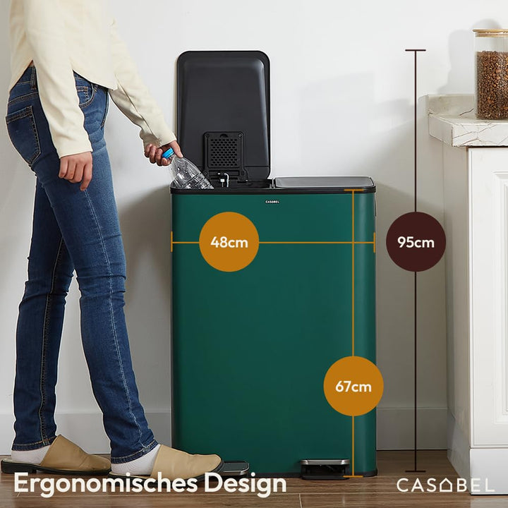 CASABEL Mülleimer Küche Mülltrennung 60L – 2x30L Doppelkammer mit Pedal, Edelstahl Dunkelgrün, Abfal