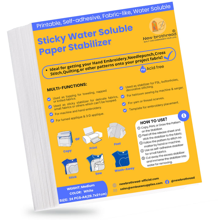New brothread 24PCS A4 (29.7x21cm) Selbstklebende Wasserlösliche Stickvlies Bedruckbare Stickereipap