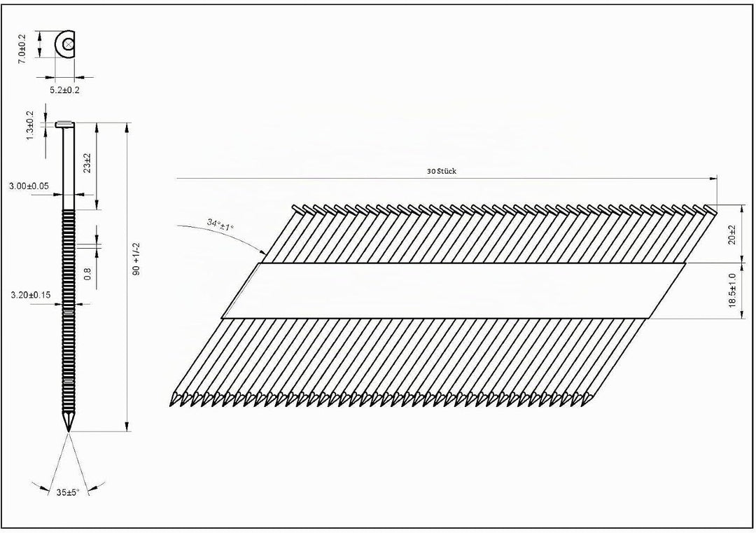 34° Halbkopf-Streifennägel - 3,1x90mm, 3.000 stück, Nägel für Druckluft-Nagler, D-Kopf, Ring/Verzink