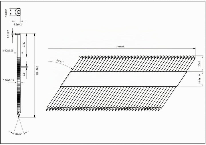 34° Halbkopf-Streifennägel - 3,1x90mm, 3.000 stück, Nägel für Druckluft-Nagler, D-Kopf, Ring/Verzink