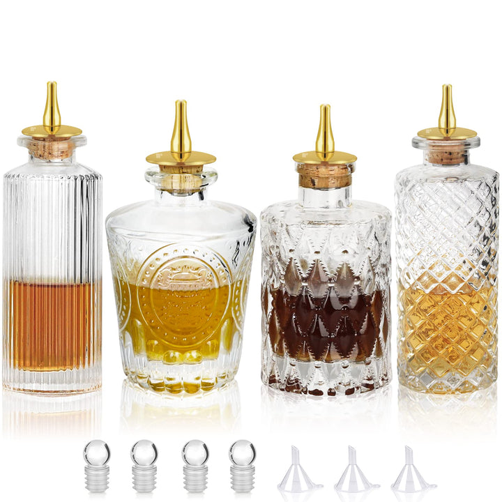 SuproBarware Bitterflasche Glasdasher für Cocktails 4 Stück – Glasflaschen mit Armaturenbrettverschl