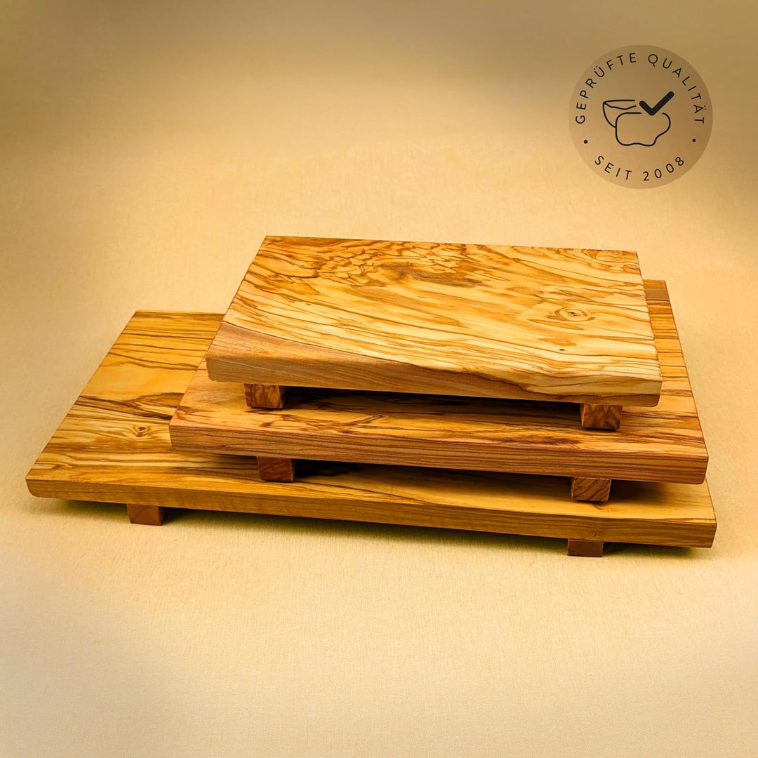 DAS OLIVENHOLZBRETT® Sushi Brett, Servier-Tablett aus Olivenholz 40cm x 20cm x 4cm, incl 1 Paar Stic