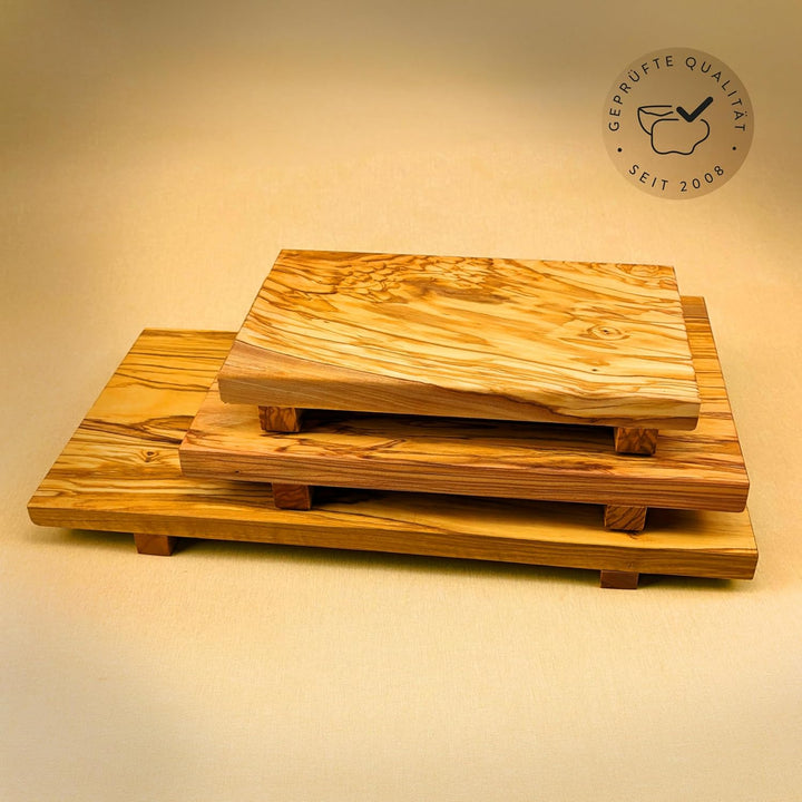 DAS OLIVENHOLZBRETT® Sushi Brett, Servier-Tablett aus Olivenholz 40cm x 20cm x 4cm, incl 1 Paar Stic