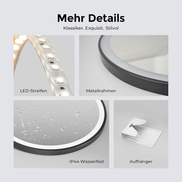 Heilmetz Badspiegel mit Beleuchtung Rund 50cm, LED Badezimmerspiegel mit Licht, 3 Lichtfarben Dimmba