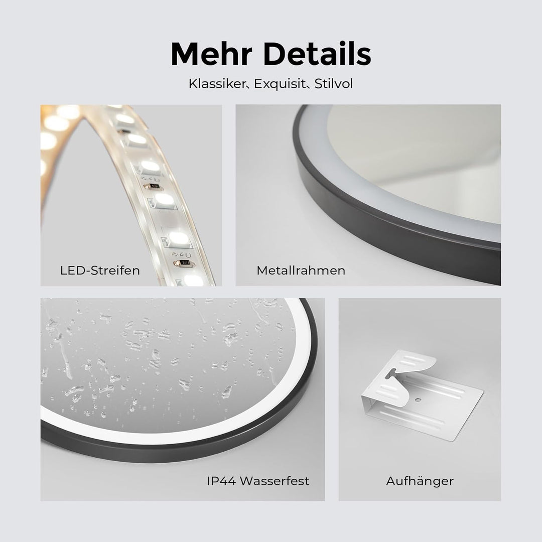 Heilmetz Badspiegel mit Beleuchtung Rund 50cm, LED Badezimmerspiegel mit Licht, 3 Lichtfarben Dimmba