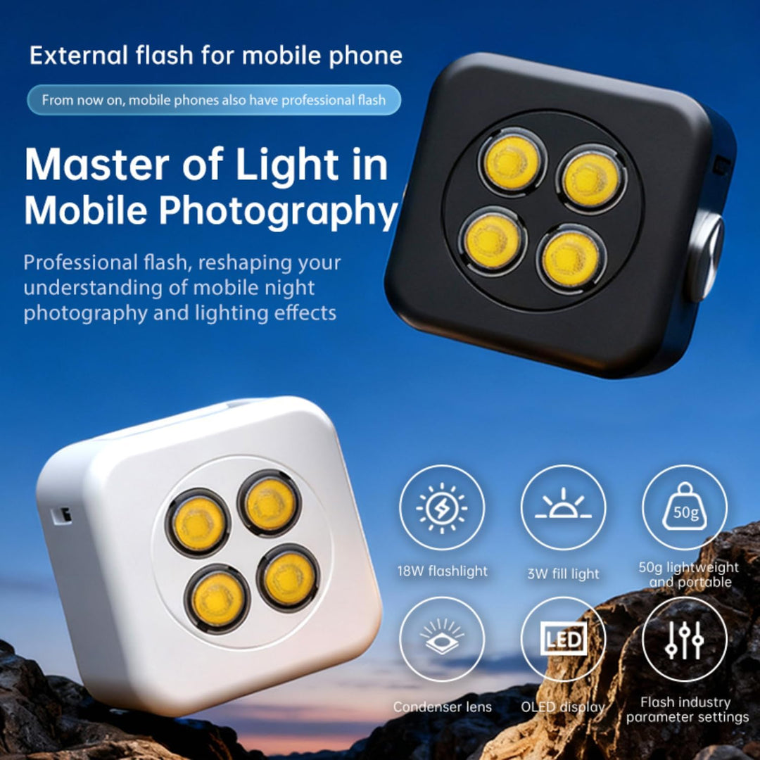 Funmount Externes Smartphone-Blitzlicht 18W mit 3W Dauerlicht · Magnetische Handy Fotolampe · Synchr