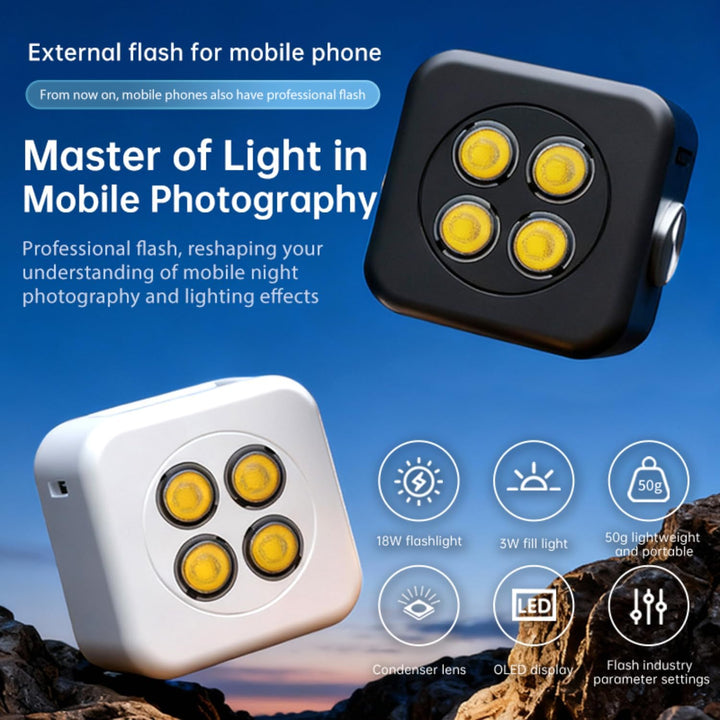 Funmount Externes Smartphone-Blitzlicht 18W mit 3W Dauerlicht · Magnetische Handy Fotolampe · Synchr