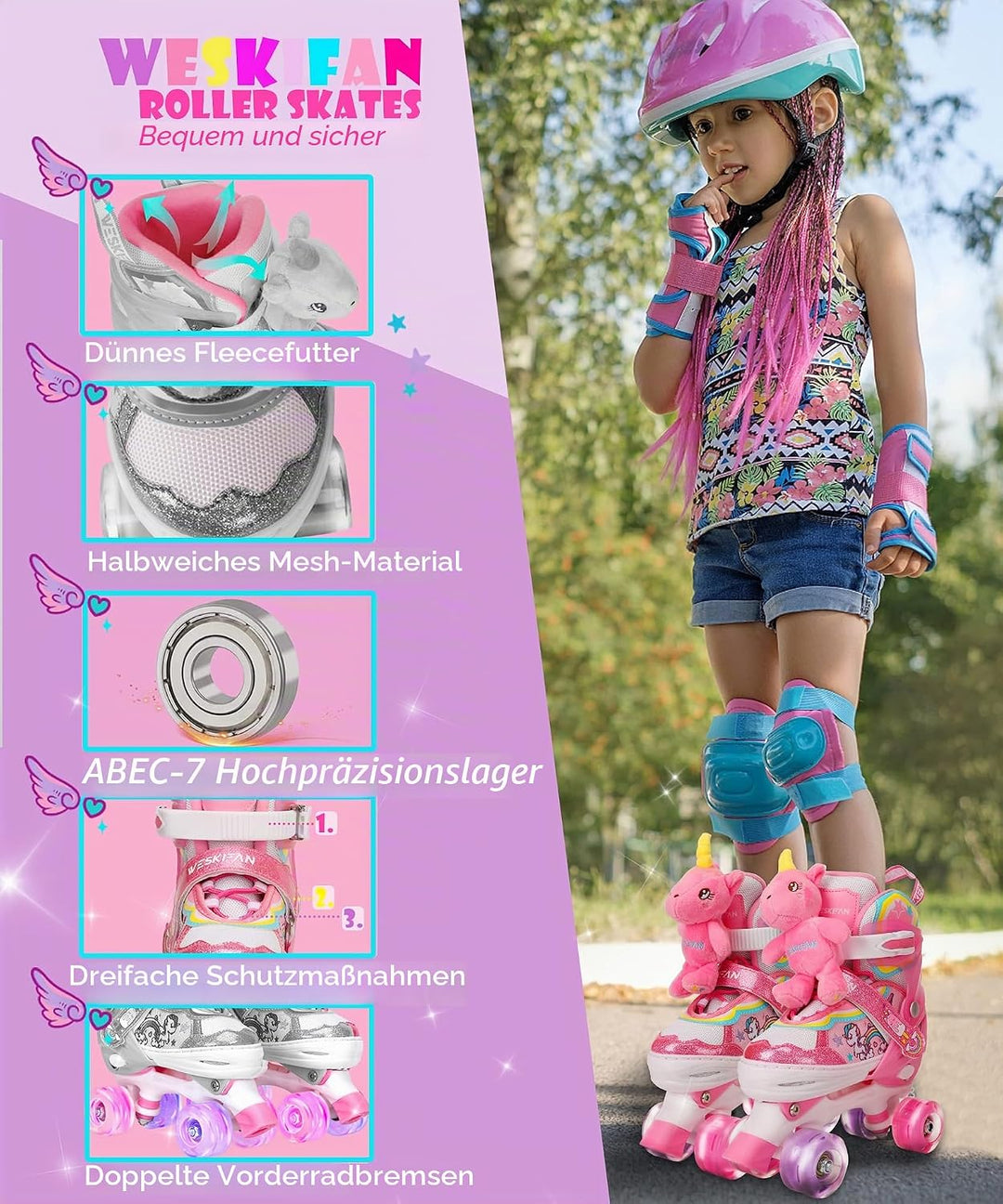 Kinder Einhorn-Puppe Rollschuhe für Mädchen 4 Grössen Verstellbar Mit Leuchtenden Rädern Quad Roller