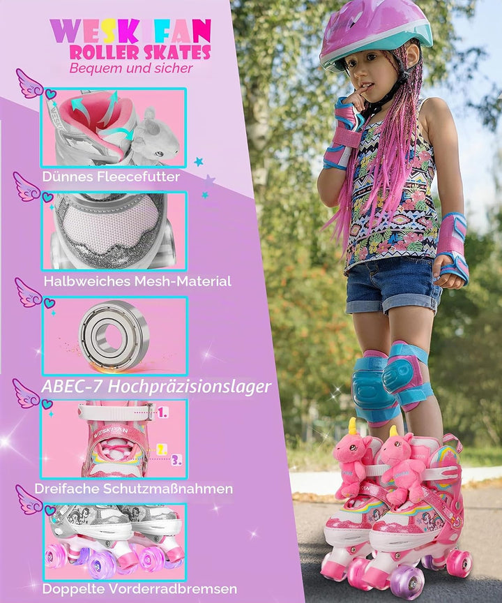 Kinder Einhorn-Puppe Rollschuhe für Mädchen 4 Grössen Verstellbar Mit Leuchtenden Rädern Quad Roller