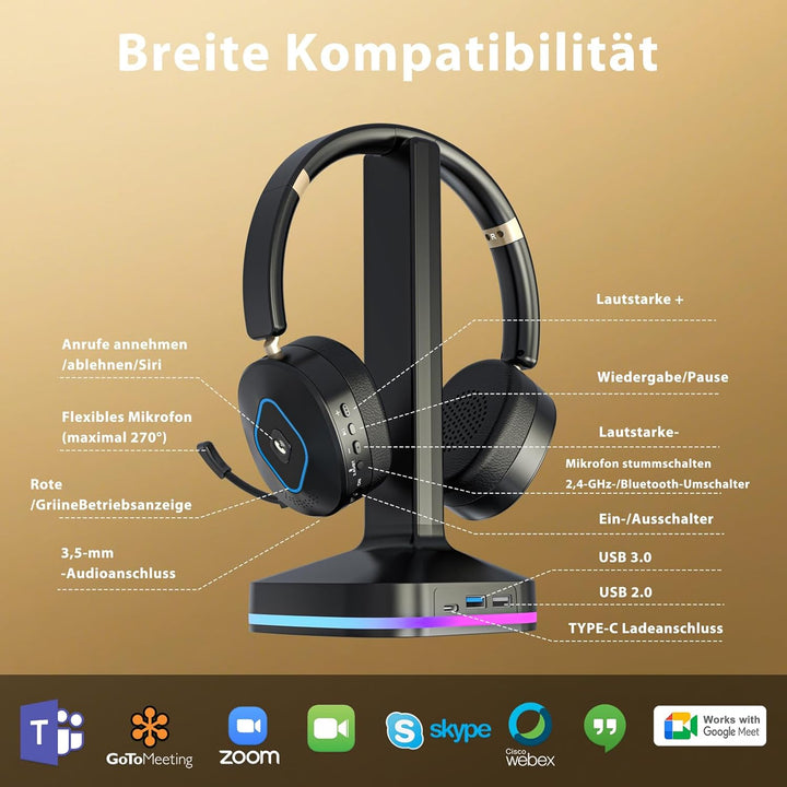 Earbay Kabelloses Headset mit Mikrofon für die Arbeit, V6.0 Bluetooth-Headset mit Geräuschunterdrück