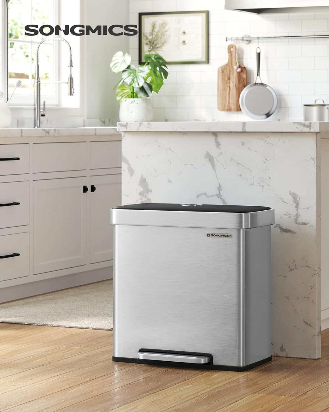 SONGMICS Mülleimer Küche, 2 x 30L, Mülltrennsystem, 2 Fächer, 15 Müllsäcke, Abfalleimer aus Edelstah