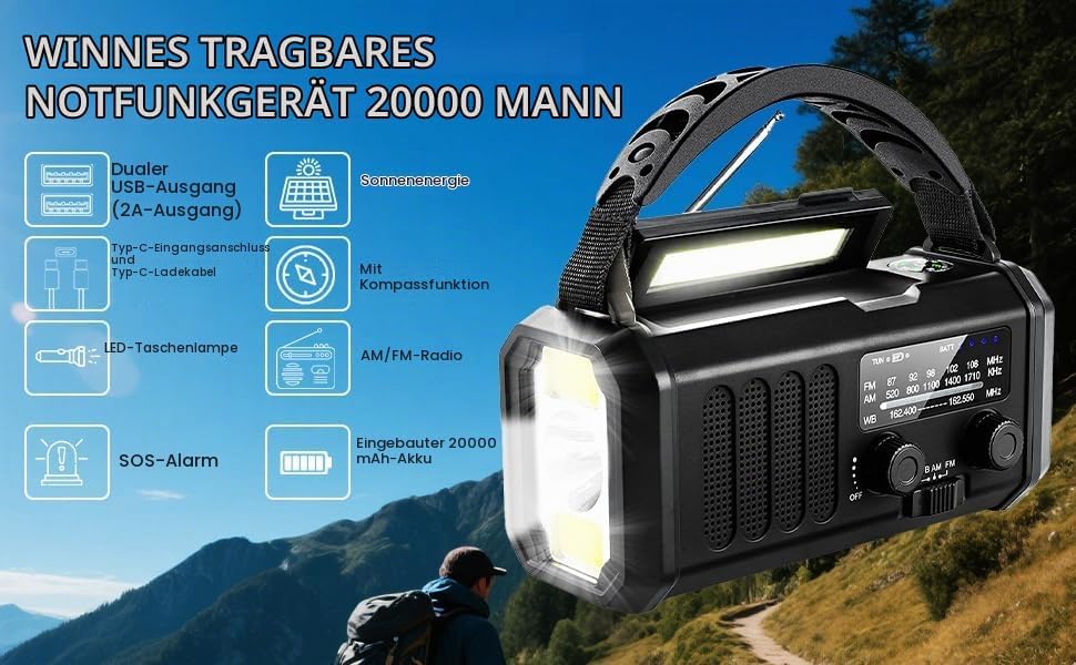 Tragbares Notfallradio 20000 mAh, SOS-Alarm, FM/AM-Radio mit Leselampe, Kompass, Kurbelgenerator und