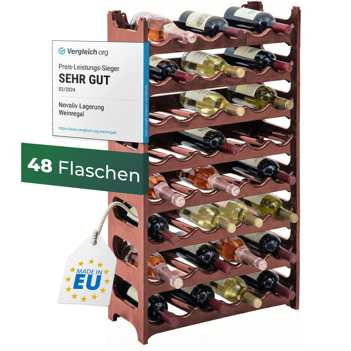 Novaliv Flaschenregal für 48 Flaschen aus Kunststoff, erweiterbar, Weinregal stapelbar, Braun, Geträ