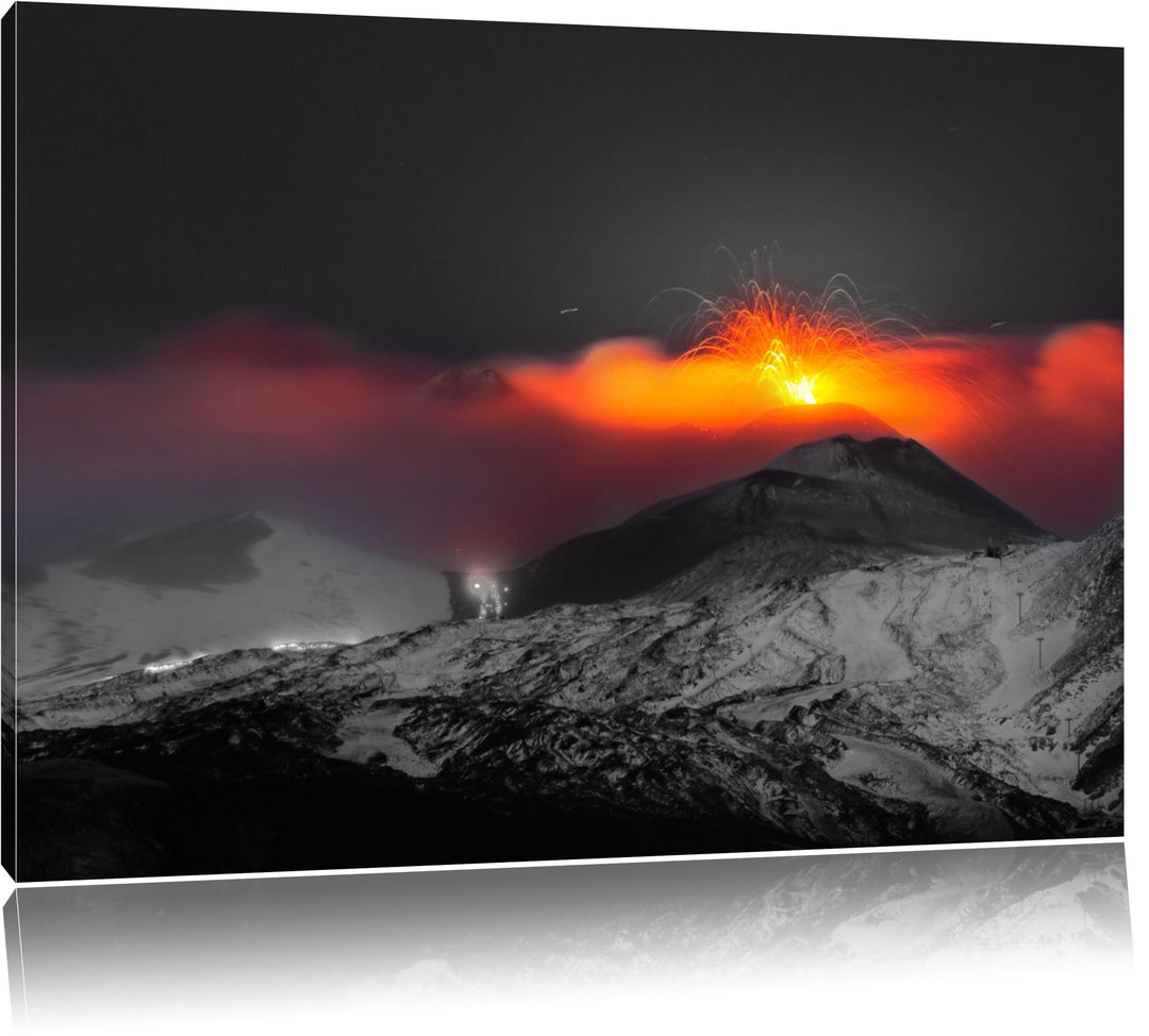 atemberaubender Vulkanausbruch schwarz/weiss Format: 100x70 auf Leinwand, XXL riesige Bilder fertig