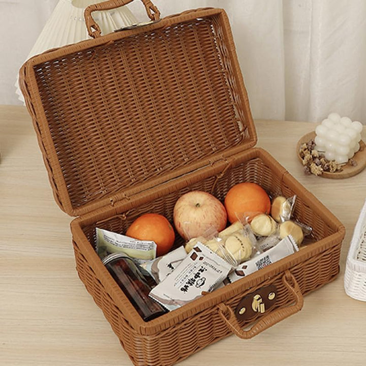Weiden Picknickkorb, Retro Gewebte Picknickbox, Kunststoff Rattan Koffer Picknickkorb mit Griffen un