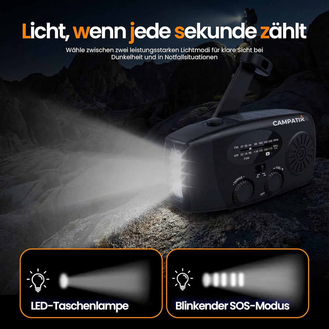 CAMPATIX Notfallradio mit 2000 mAh Solar-Powerbank, AM/FM Radio, USB-Ladung, LED, Taschenlampe, Hand