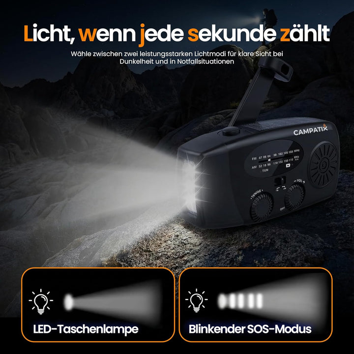 CAMPATIX Notfallradio mit 2000 mAh Solar-Powerbank, AM/FM Radio, USB-Ladung, LED, Taschenlampe, Hand