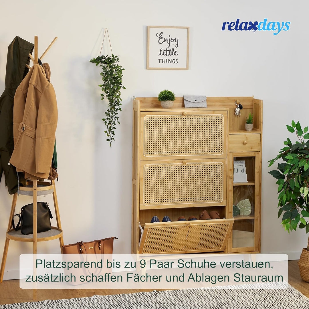 Relaxdays Schuhschrank, 5 Fächer, Bambus Schuhregal, 127x95x19 cm, für 9 Paar, 3 Klappen, schmaler S