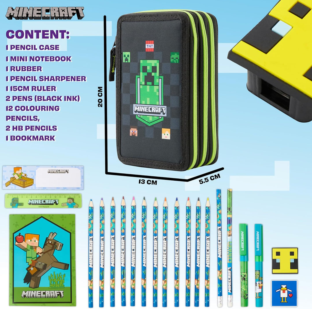 Minecraft Federmäppchen Jungen und Mädchen Mäppchen Gefüllt Creeper Federmappe mit Schreibwaren Game