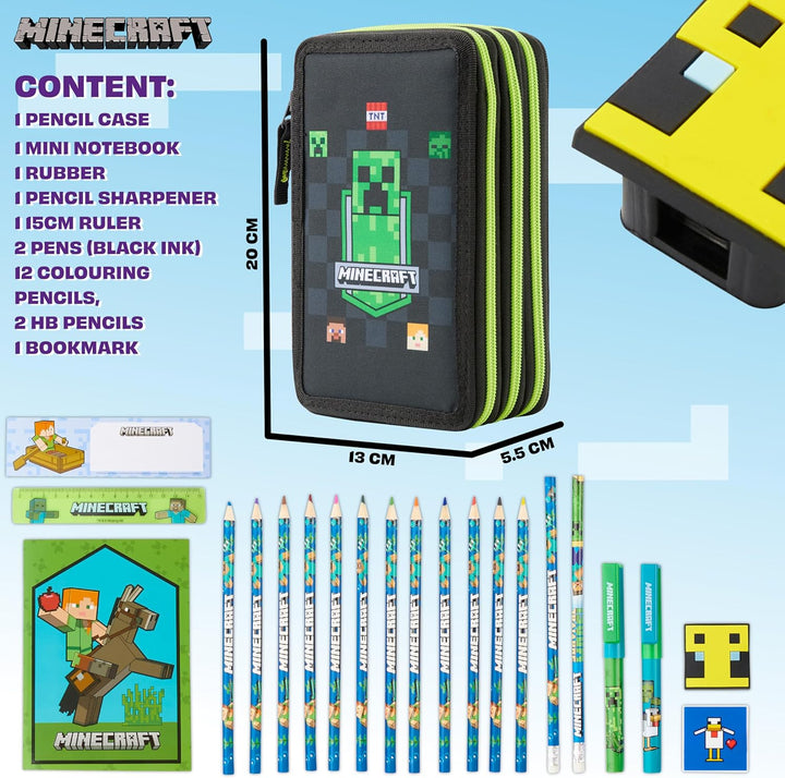 Minecraft Federmäppchen Jungen und Mädchen Mäppchen Gefüllt Creeper Federmappe mit Schreibwaren Game