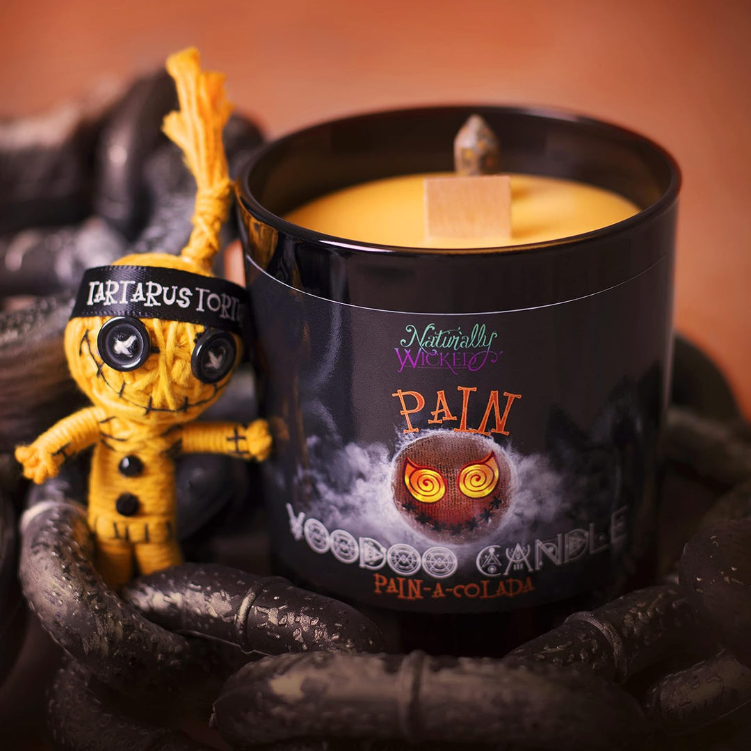 Naturally Wicked Voodoo Schmerz Kerze | Inc Voodoo-Puppe & Kristallstab | Vegane Kristallzauberkerze