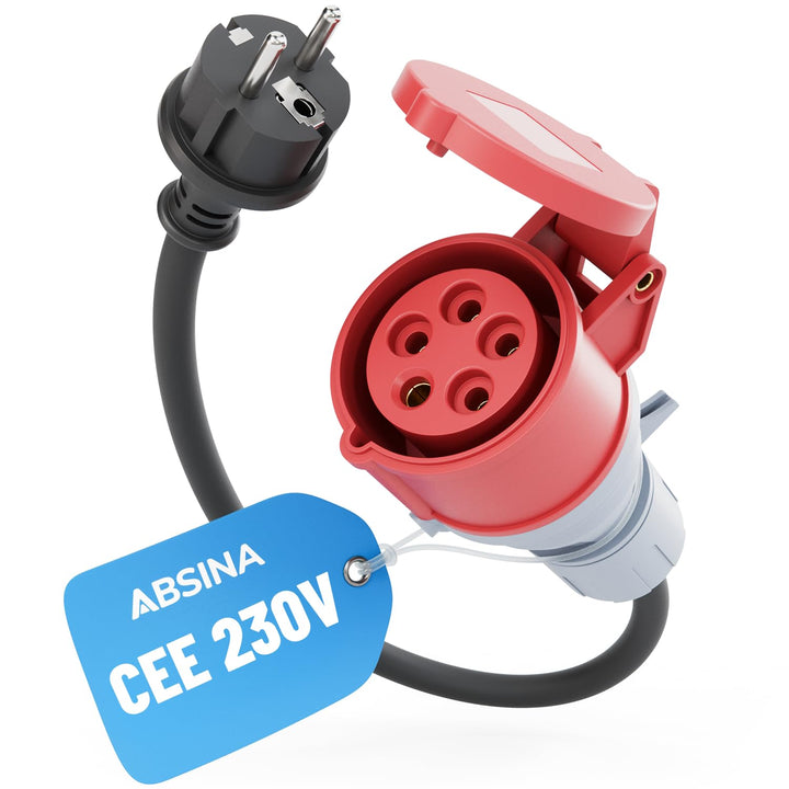 ABSINA Adapter Schuko Stecker auf CEE Kupplung - Schuko auf CEE 16A 5-polig mit 60 cm Kabellänge & I