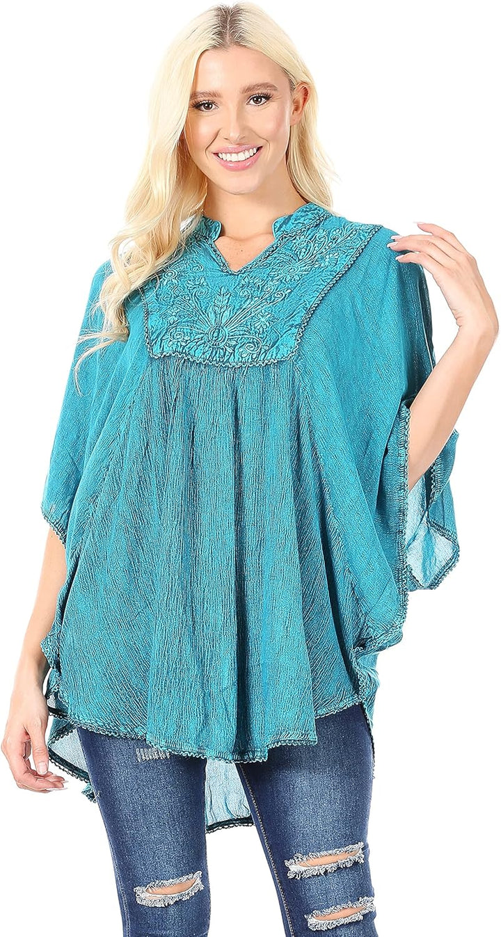 Sakkas Amori V-Ausschnitt Stickerei Poncho Top/vertuschen, Einheitsgrösse A-türkis