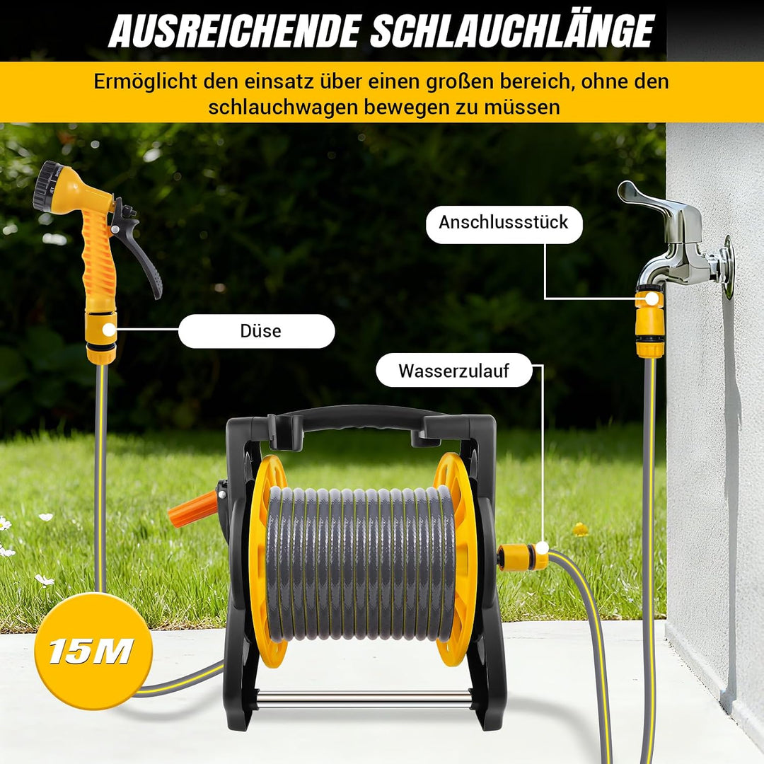 15M Kompakte Schlauchtrommel Mit Schlauch und MultifunktionsdüSen, Leichte Tragbare Gartenschlauchtr