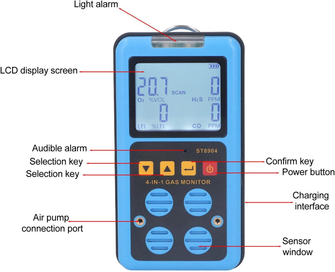 4-in-1-Gasdetektor, Multi-Gas-Monitor, CO H2S O2 LE Gasanalysator, Erdgastester, Alarm, Hintergrundb