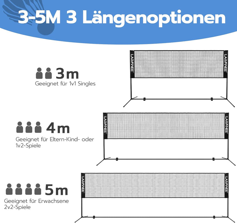 LARMNEE Badmintonnetz, Tennisnetz, 300cm|400cm|500cm Federballnetz höhenverstellbar, Set bestehend a
