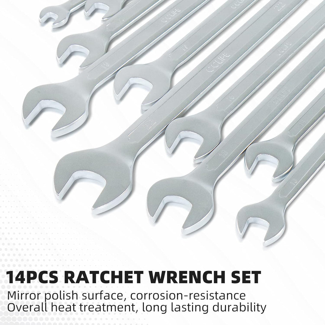CCLIFE 14tlg Ratschenschlüssel Set 8-22mm Ratschen Ring Maulschlüssel Set | Cr-V | 72 Zähnen 14tlg 8