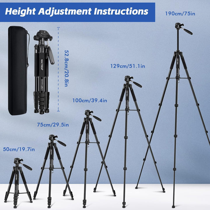 MACTREM 75-Zoll-Kamerastativ für Sony Canon Nikon, leichtes Reise-Video-Aluminium-Stativ mit Handy-H