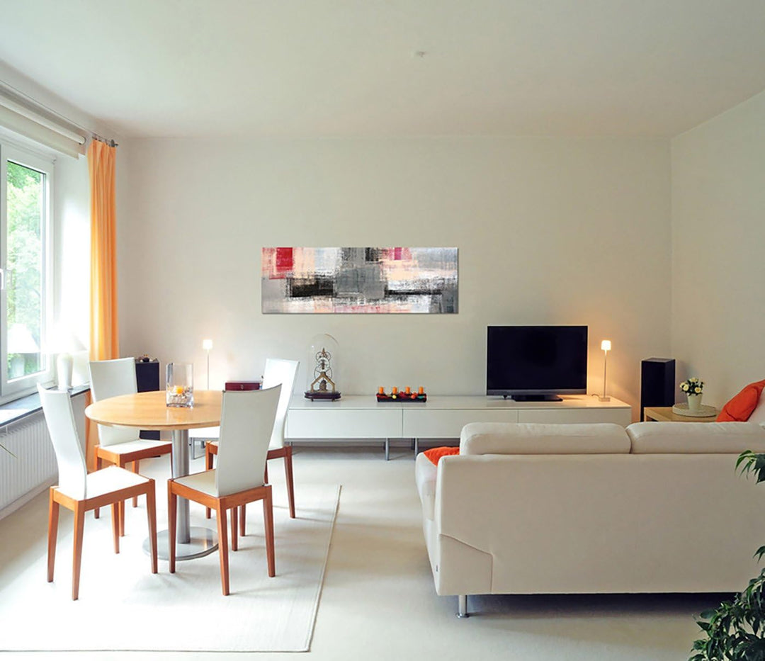 Paul Sinus Art Panoramabild auf Leinwand und Keilrahmen 150x50cm Kunstmalerei abstrakt grau rot gelb