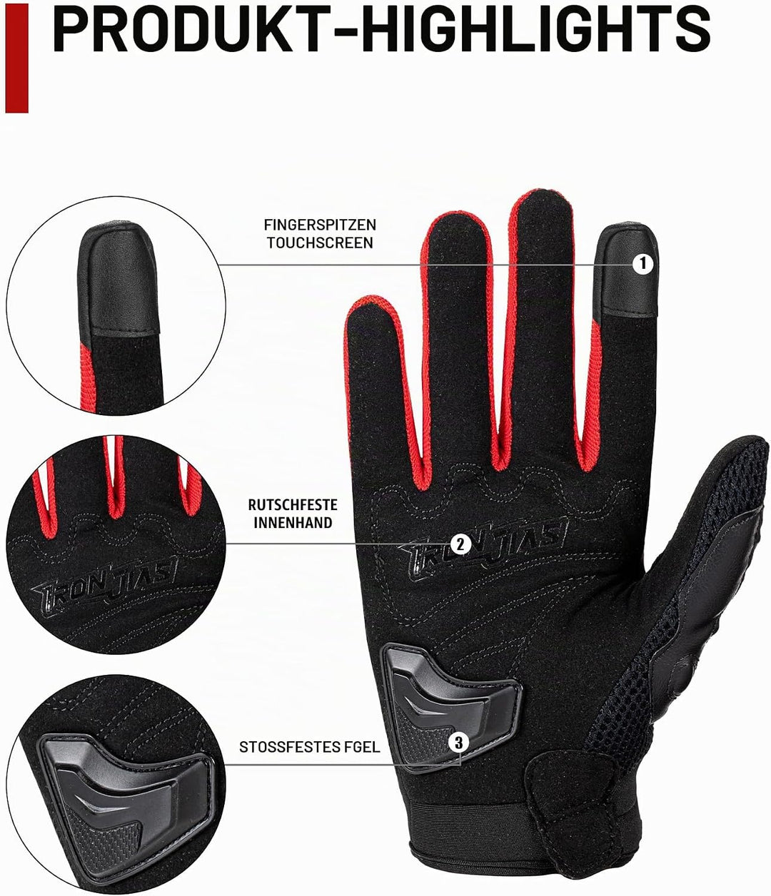 BORLENI Motorradhandschuhe Atmungsaktive Motorradhandschuhe Leder Vollfinger Knöchelschutzpolster To