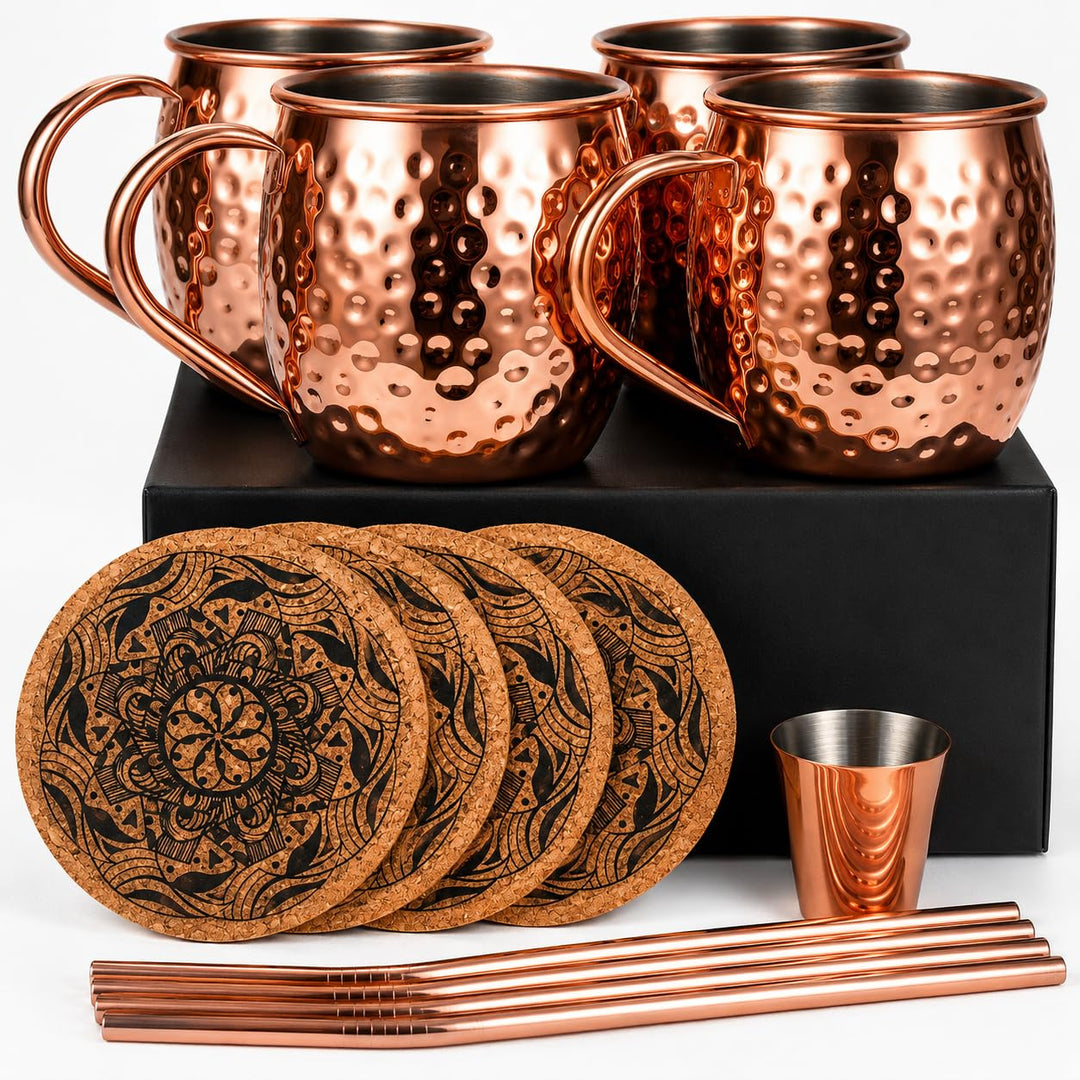 Eligara Moscow Mule Becher Kupferbecher Gehämmert und Handgefertigt Kupfertassen mit 4 Gläsern, 4 Un