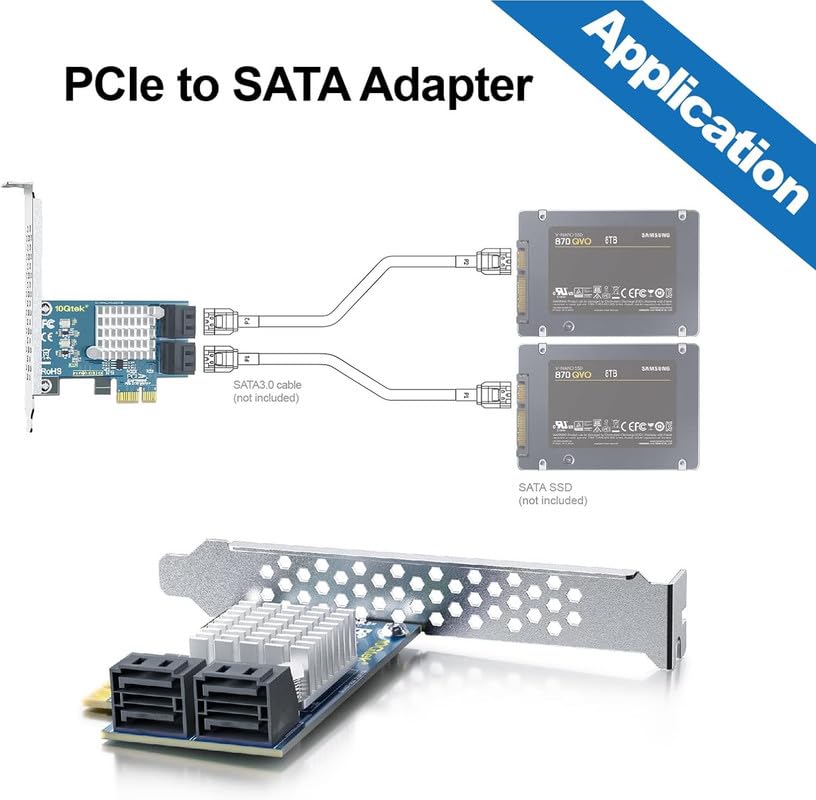 10Gtek 4-Port PCIe SATA-Karte 6 Gbit/s SATA3.0 Controller X1, unterstützt 4 SATA 3.0 Geräte, Windows